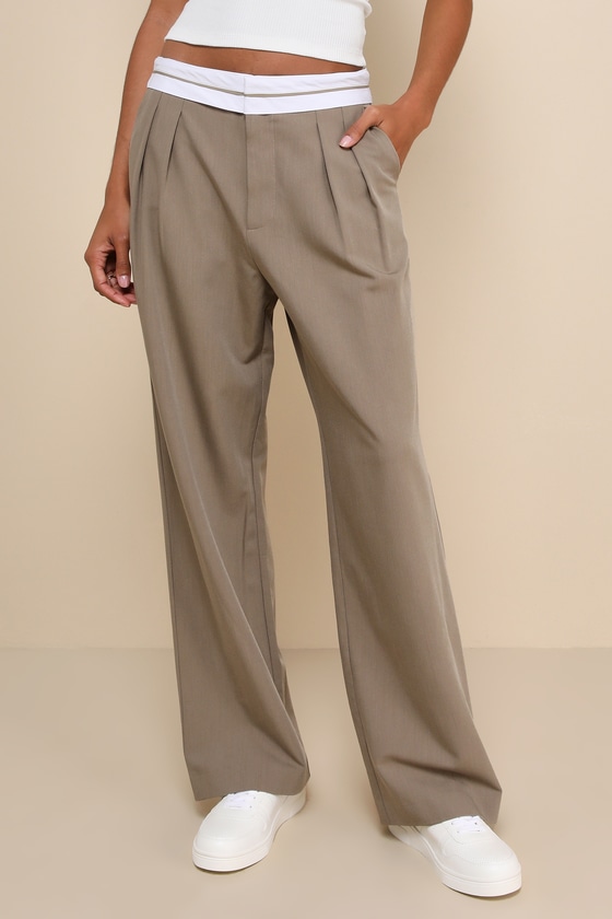 Lulus Refined Mood Taupe And White Straight Leg Trouser Pants In White