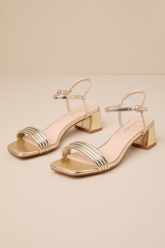 Gold Strappy Sandals - Square Toe Sandals - Ankle Strap