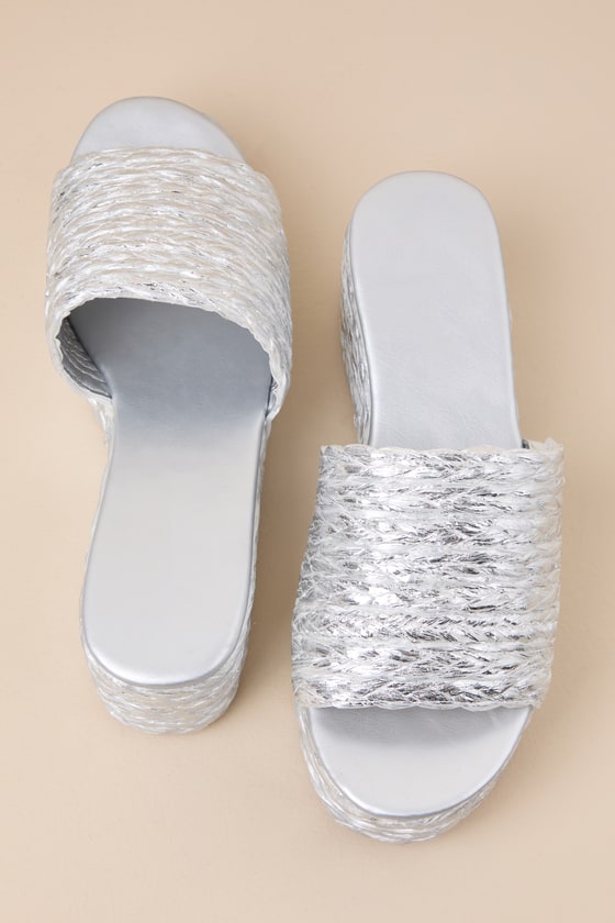Silver Slide Sandals - Braided Raffia Sandals - Platform