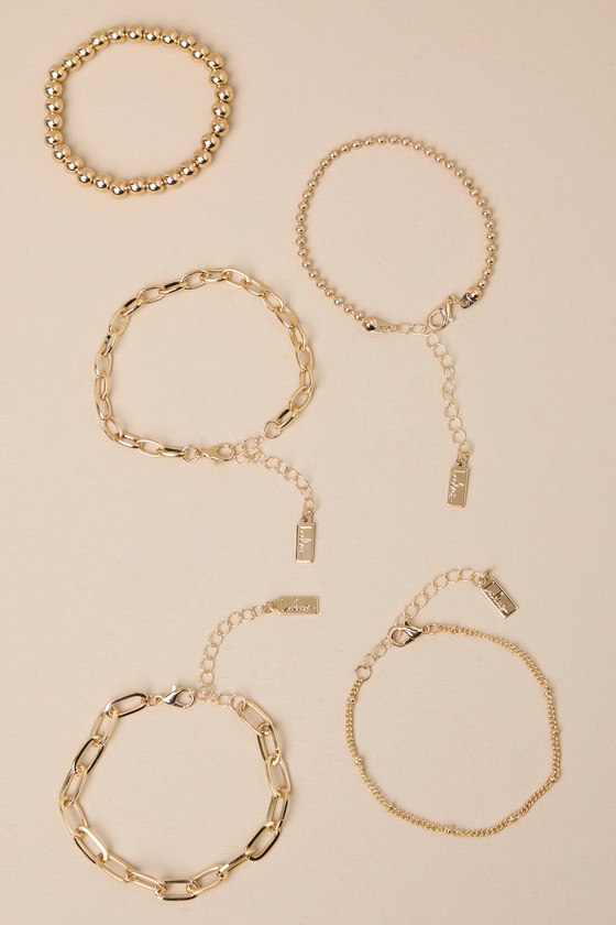 Lulus Glittering Impulse Gold Five-piece Chain Bracelet Set In Gold