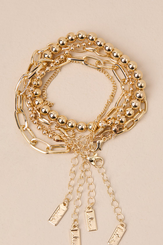 Lulus Glittering Impulse Gold Five-piece Chain Bracelet Set In Gold