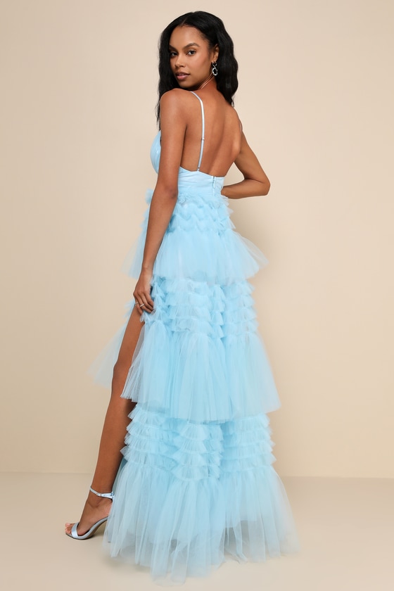 Lulus Gorgeous Statement Blue Tulle Tiered Ruffled Maxi Dress In Blue