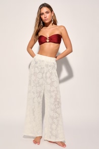 Sandy Sweetie Ivory Sheer Floral Applique Swim Cover-Up Pants