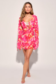 Sandy and Stunning Hot Pink Abstract Print Sheer Swim Cover-Up