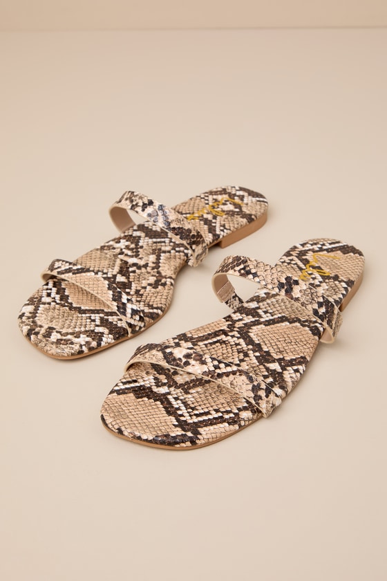 Shop Lulus Elowen Natural Snake Print Slide Sandals In Beige