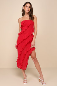 Haute Date Red Chiffon Ruffled Strapless Midi Dress