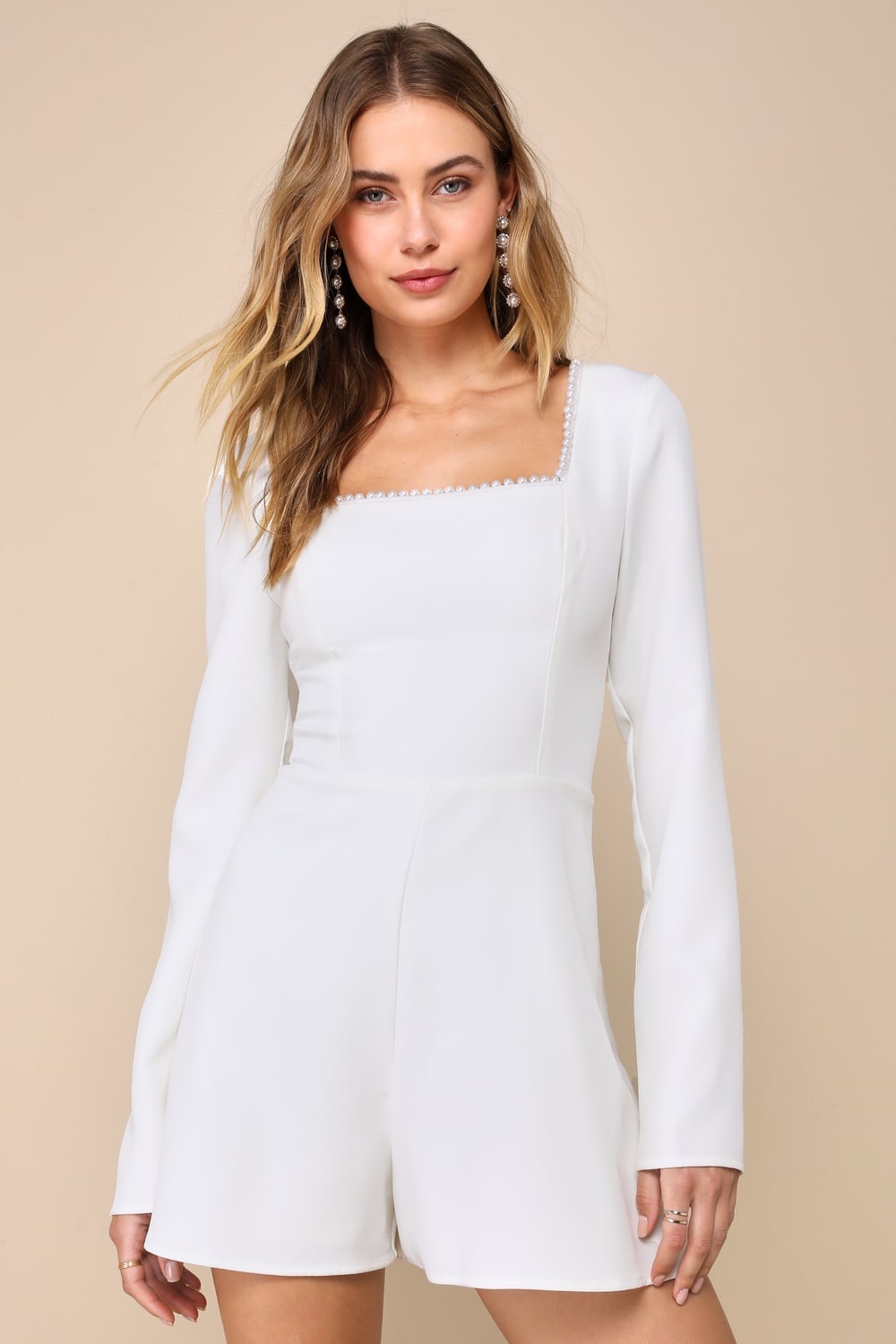 Luminous Aesthetic White Pearl Bow Long Sleeve Romper
