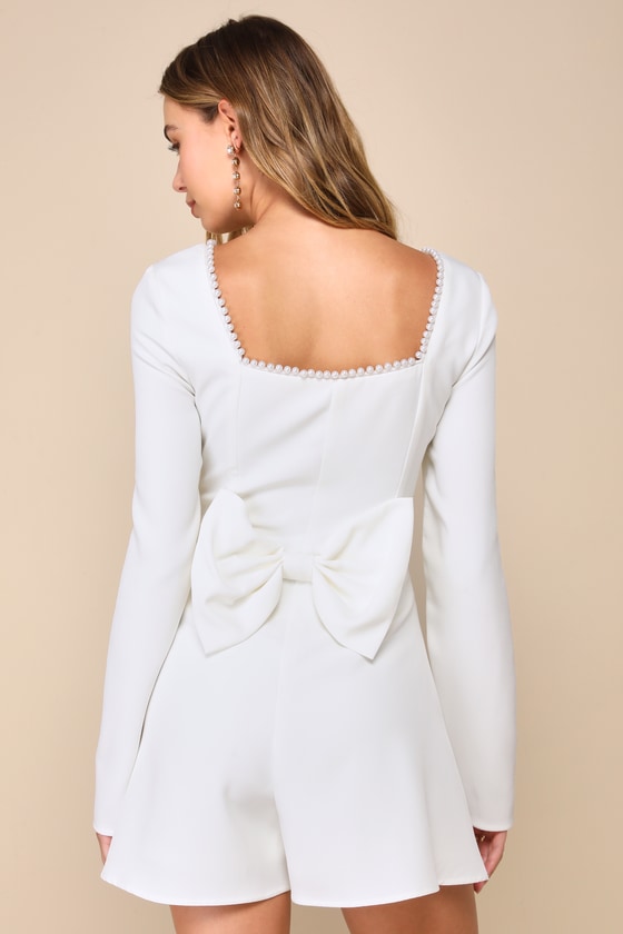 Lulus Luminous Aesthetic White Pearl Bow Long Sleeve Romper In White