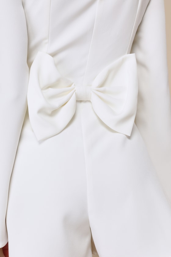 Lulus Luminous Aesthetic White Pearl Bow Long Sleeve Romper In White