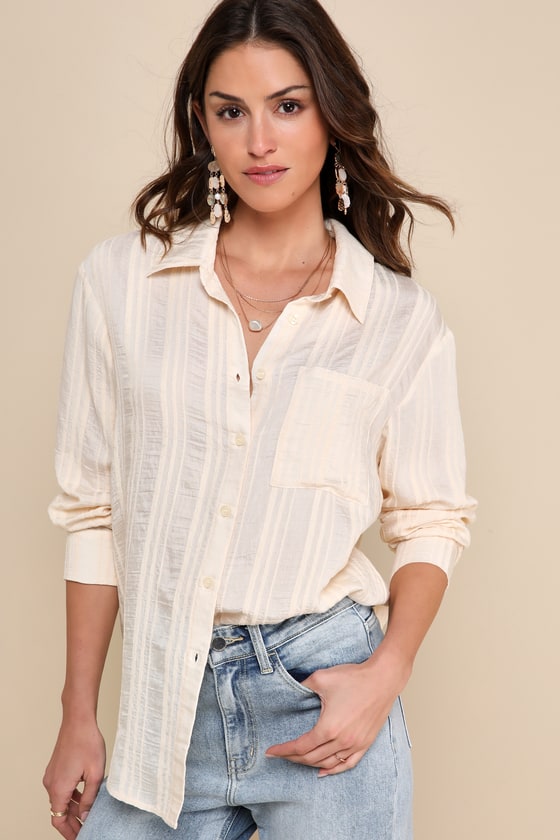 Lulus Relaxed Chic Cream Striped Textured Button-up Top In White