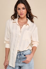 Relaxed Chic Cream Striped Textured Button-Up Top