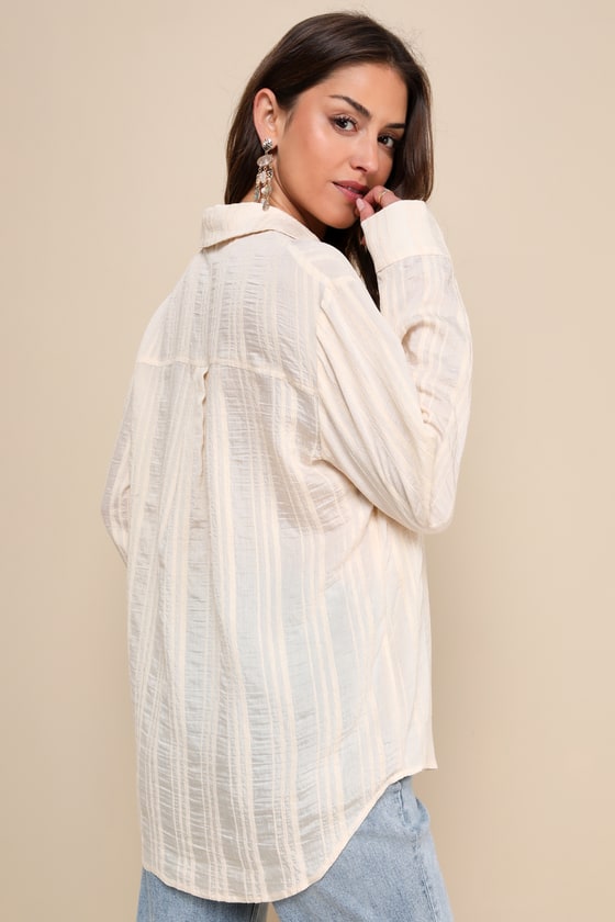 Relaxed Chic Cream Striped Textured Button-Up Top 2