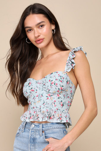 Sweetheart Vibes Mint Green Floral Mesh Ruffled Bustier Tank Top