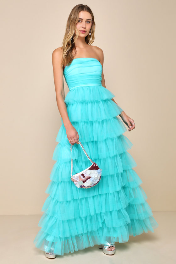Lulus Fabulous Existence Teal Green Tulle Strapless Tiered Maxi Dress