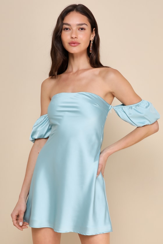 Sensational Feeling Light Blue Satin Off the Shoulder Mini Dress