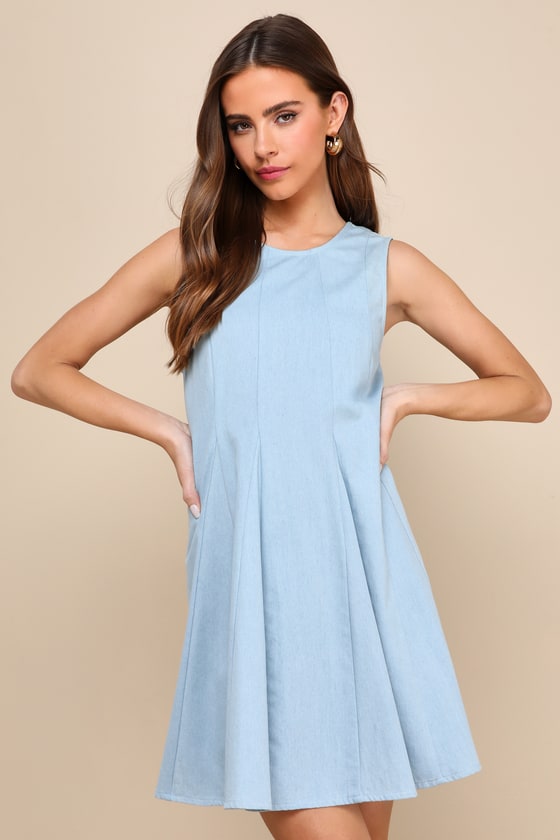 Lulus Ideal Persona Light Blue Chambray Backless Pleated Mini Dress