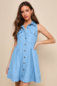 Iconic Personality Blue Chambray Seamed Mini Dress With Pockets