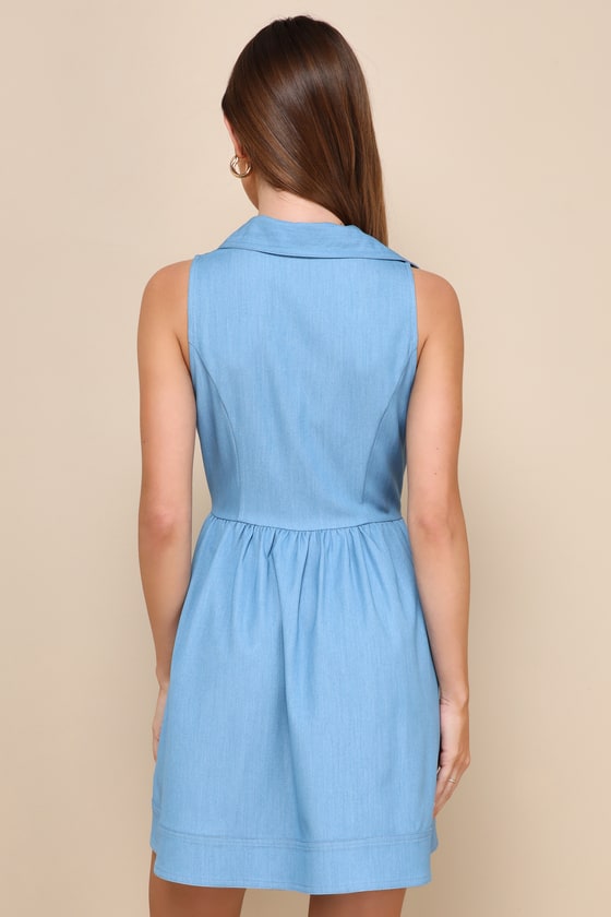 Shop Lulus Iconic Personality Blue Chambray Seamed Mini Dress With Pockets
