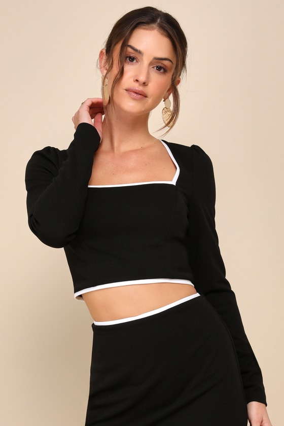 Lulus Fashionable Poise Black Color Block Cutout Long Sleeve Crop Top