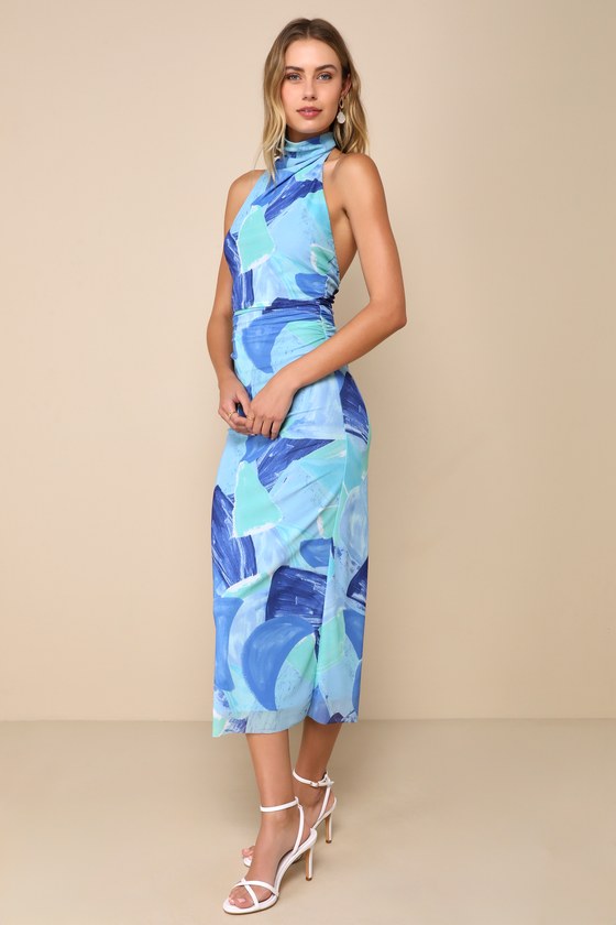 Lulus Idyllic In Ibiza Blue Abstract Print Mock Neck Halter Midi Dress