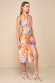 Bold Presence Orange Multi Floral Satin Halter Midi Dress 1