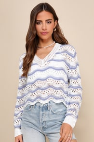 Perfectly Cool White and Blue Striped Crochet Knit Sweater Top
