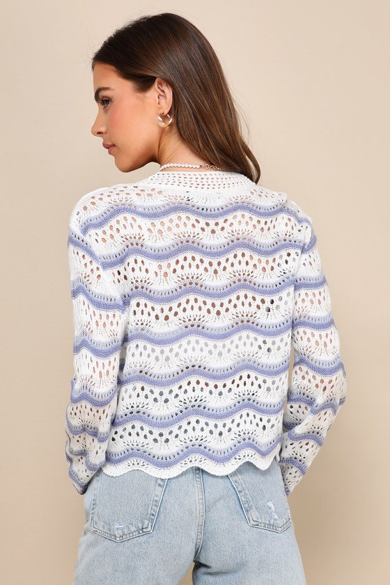 Perfectly Cool White and Blue Striped Crochet Knit Sweater Top 1