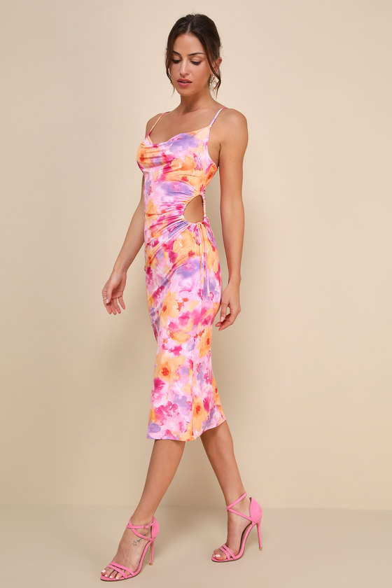 Lulus Vibrant Babe Pink Multi Floral Cutout Drawstring Midi Dress