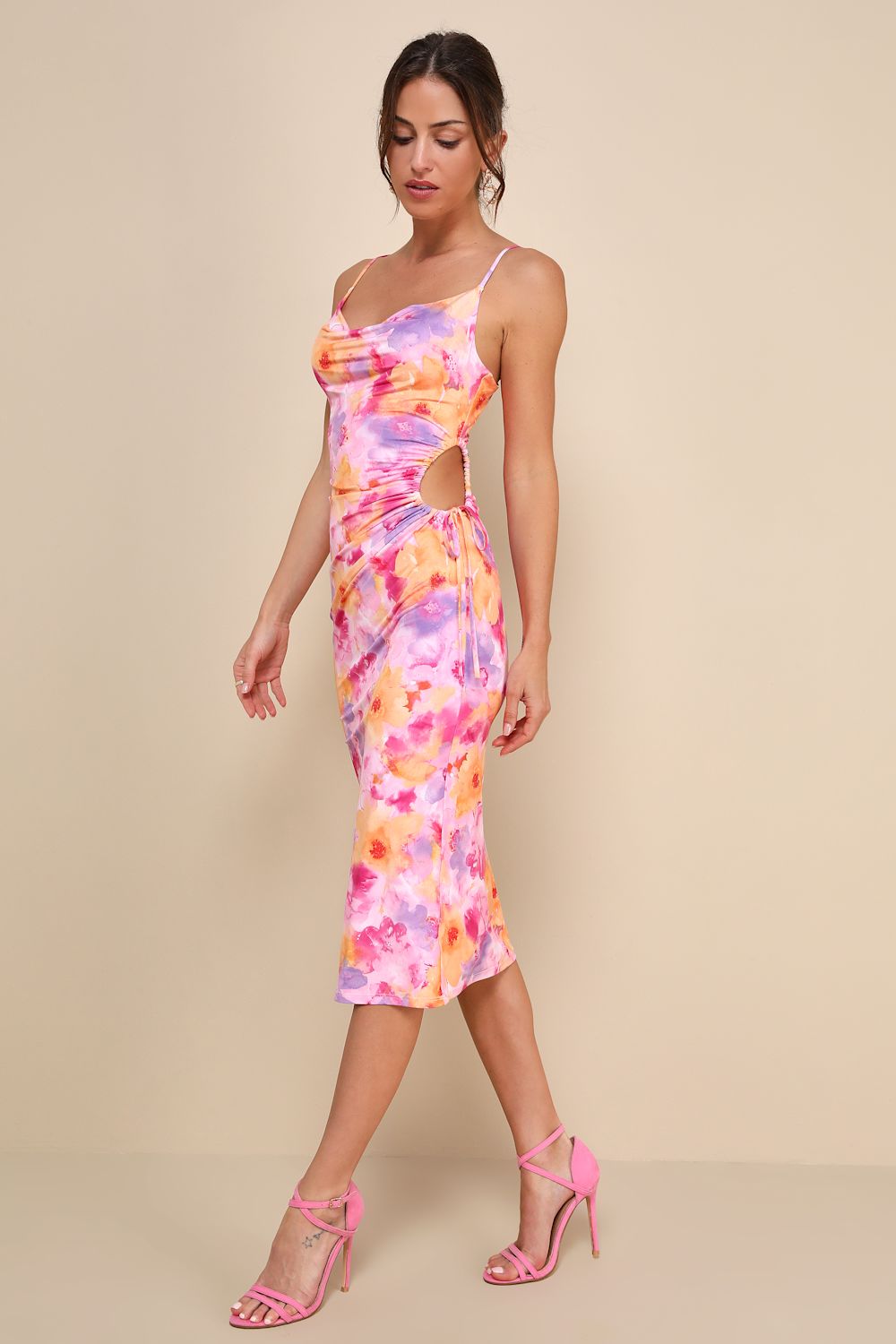 Vibrant Babe Pink Multi Floral Cutout Drawstring Midi Dress