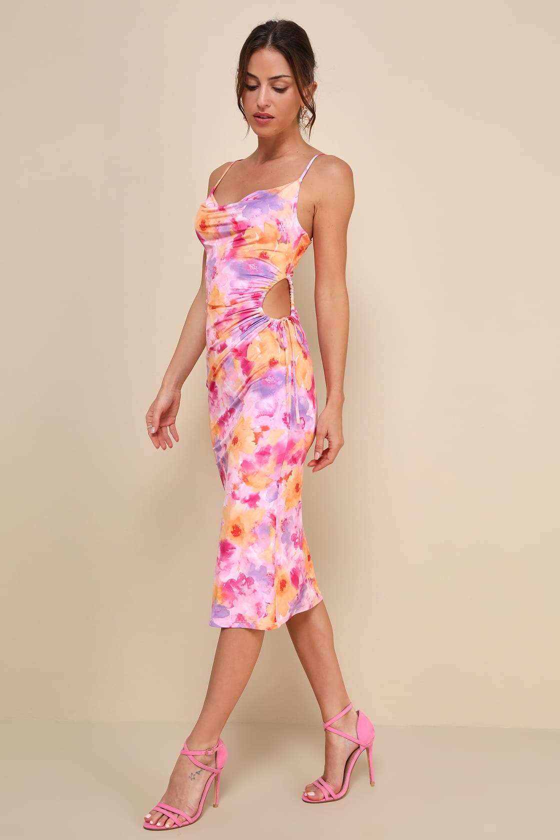 Vibrant Babe Pink Multi Floral Cutout Drawstring Midi Dress