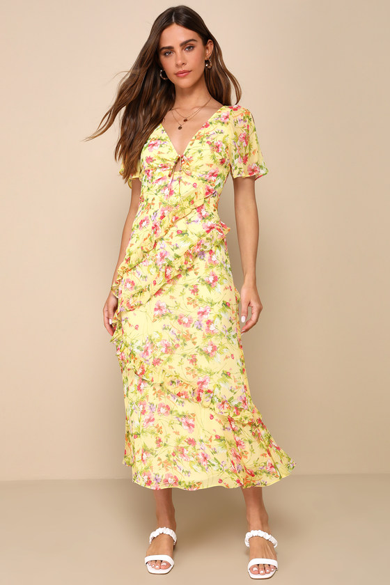 Shop Lulus Next To You Yellow Floral Print Ruffled Backless Midi Dress