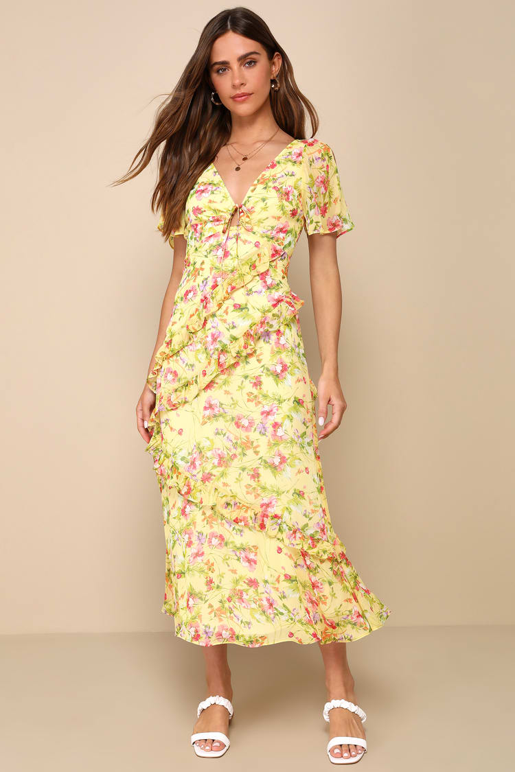 Yellow Floral Print Dress - Backless Midi Dress - Ruffled Dress - Lulus