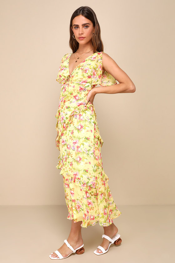 Shop Lulus Next To You Yellow Floral Print Ruffled Backless Midi Dress