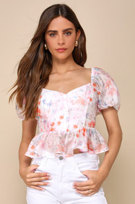 Darling Potential Ivory Floral Chiffon Bustier Puff Sleeve Top