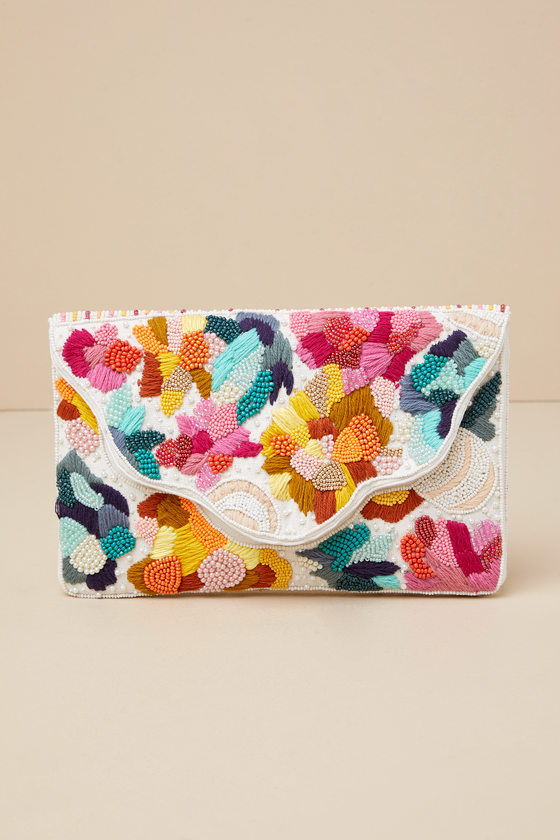 Vibrant Charm White Multi Beaded Embroidered Clutch