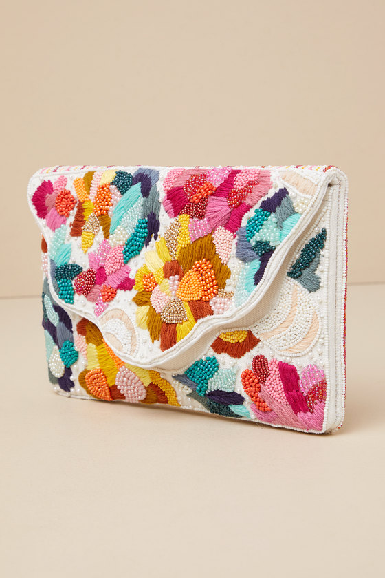 LULUS VIBRANT CHARM WHITE MULTI BEADED EMBROIDERED CLUTCH 