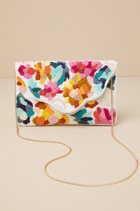 Vibrant Charm White Multi Beaded Embroidered Clutch - thumbnail 6