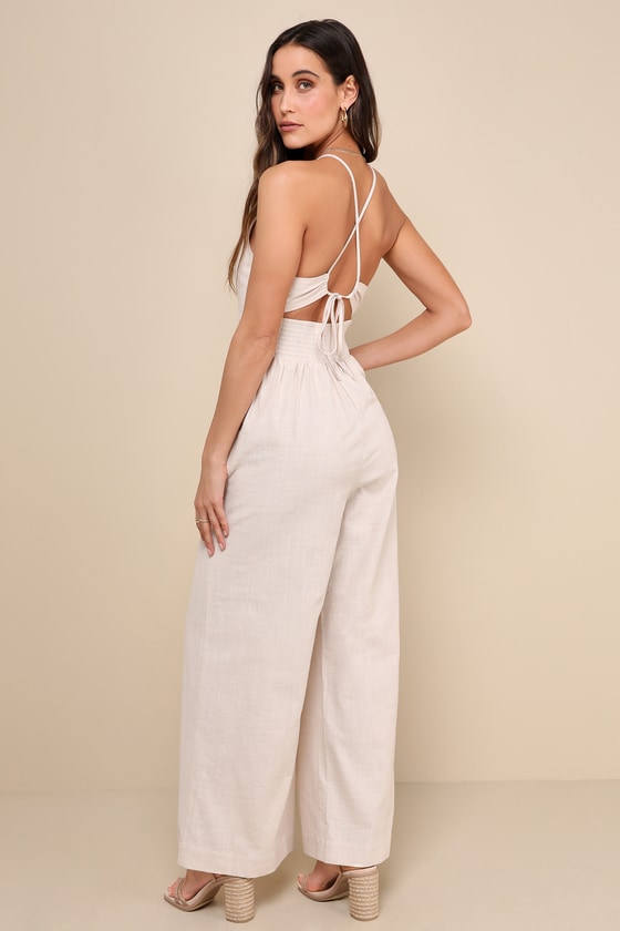 Shop Lulus Covetable Vibe Beige Linen Lace-up Backless Wide-leg Jumpsuit