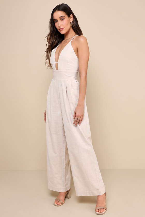 LULUS COVETABLE VIBE BEIGE LINEN LACE-UP BACKLESS WIDE-LEG JUMPSUIT