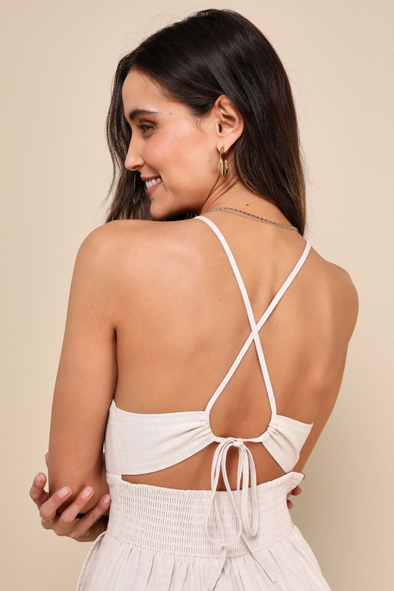 Covetable Vibe Beige Linen Lace-Up Backless Wide-Leg Jumpsuit 5