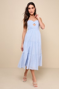 Perfect Attitude Light Blue Floral Embroidered Tiered Midi Dress