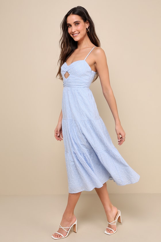 Light Blue Embroidered Fitted Long Dress