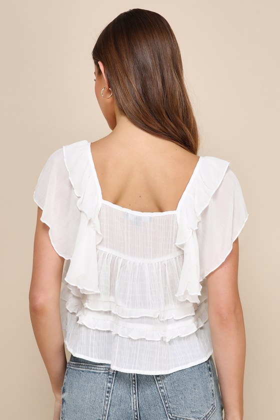 White Ruffled Top - Short Sleeve Top - Ruffled Blouse - Cute