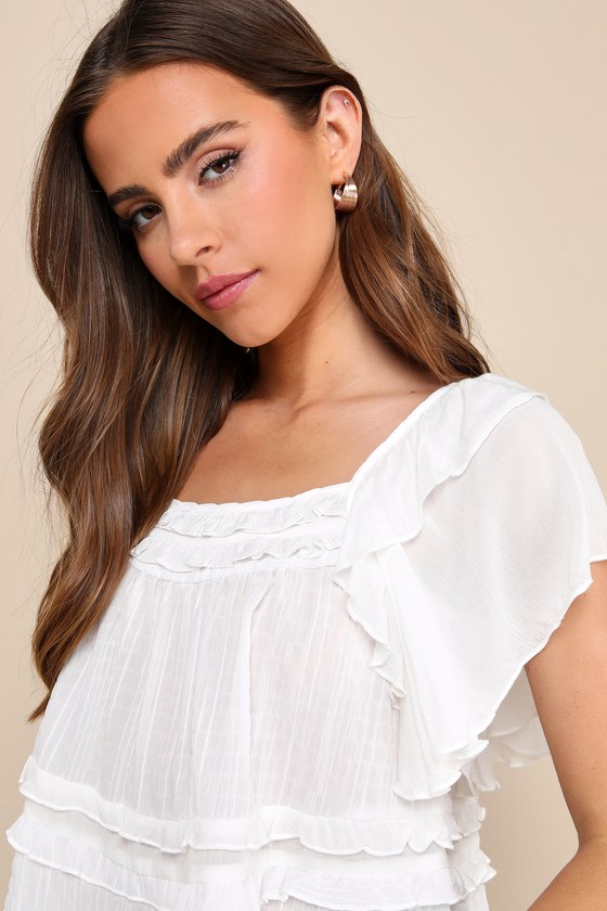 Lulus Definitely Angelic White Ruffled Short Sleeve Top In White