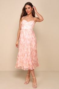 Finest Endeavor Blush Pink Floral Pleated Bustier Midi Dress 2