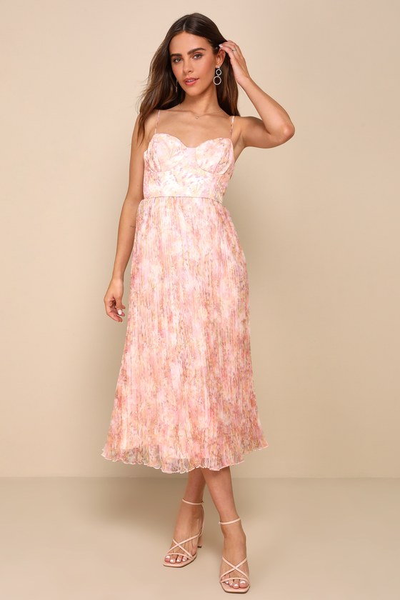 Finest Endeavor Blush Pink Floral Pleated Bustier Midi Dress 2