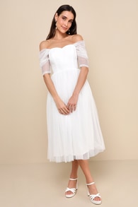 Heavenly Mood White Mesh Swiss Dot Off-the-Shoulder Midi Dress
