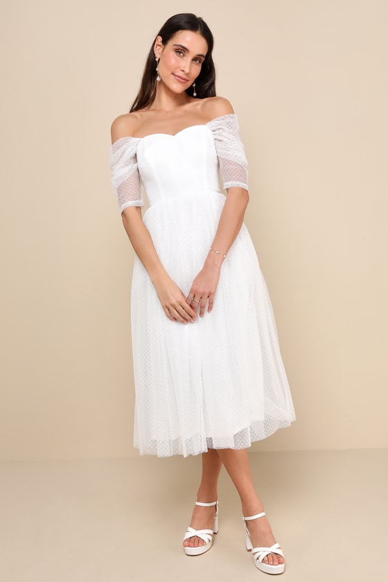 Heavenly Mood White Mesh Swiss Dot Off-the-Shoulder Midi Dress 2
