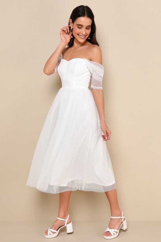 Heavenly Mood White Mesh Swiss Dot Off-the-Shoulder Midi Dress 3
