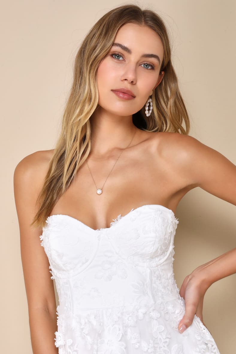 Quite Perfect White Floral Embroidered Strapless Midi Dress